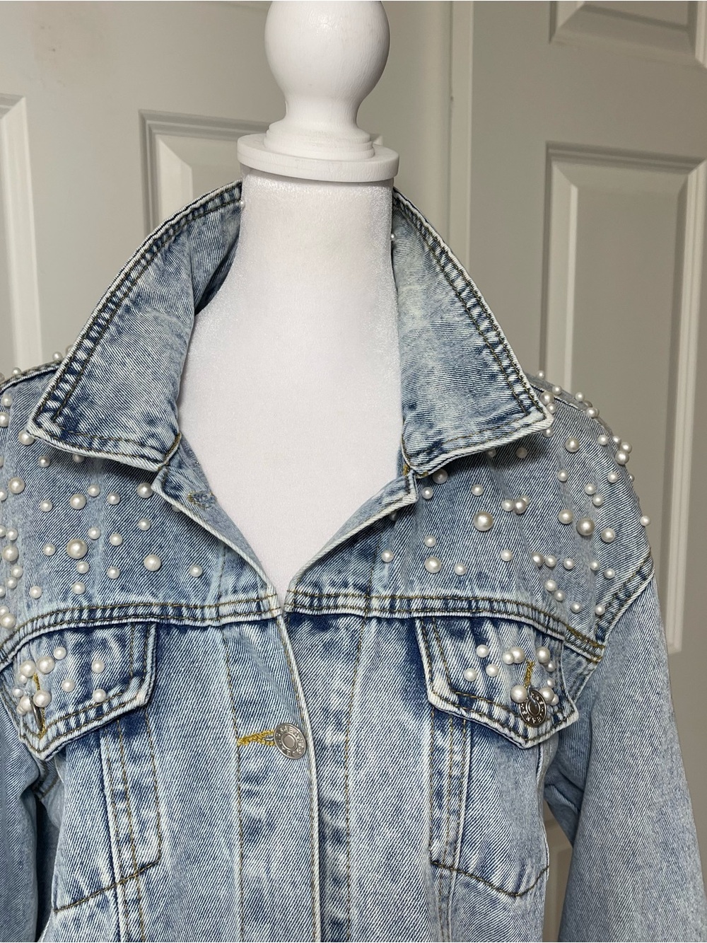 Denim Pearl Embellished Jean Jacket Chest Pockets Stone Washed Light Blue XL - Picture 3 of 13